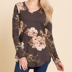 Charcoal V-Neck Floral Long Sleeve